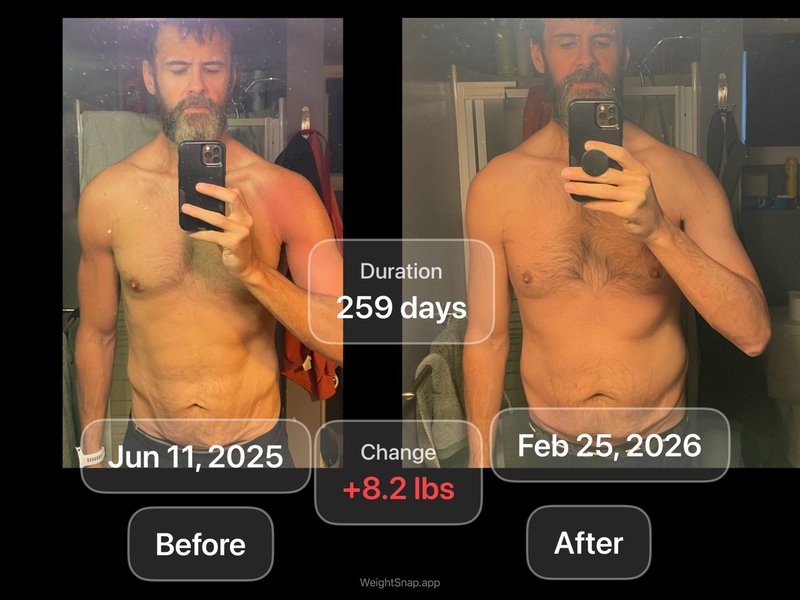 Before and after comparison — abs in June 2025 vs current state February 2026, 8.2 lbs gained over 259 days
