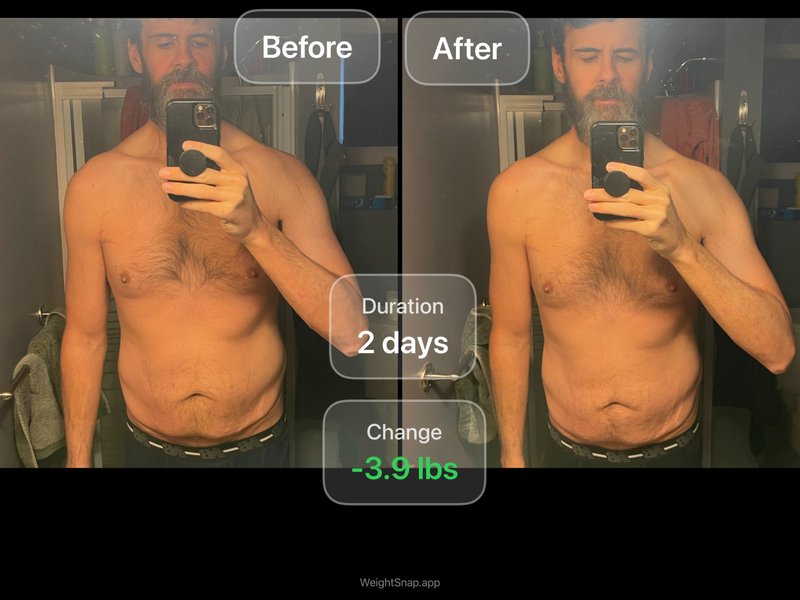 Before and after comparison — Day 0 vs Day 2 of 100 Days to Abs challenge, down 3.9 lbs in 2 days