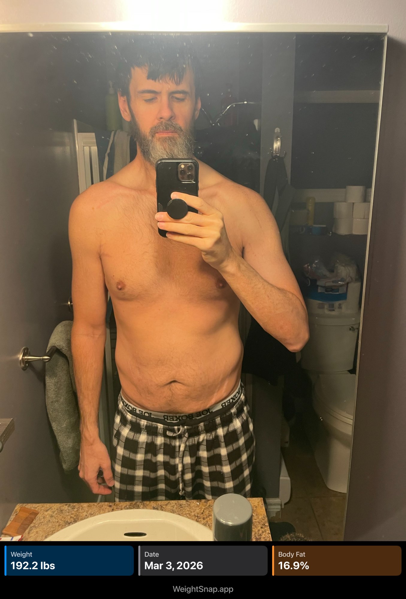 Current photo March 2026 - 192.2lbs, 16.9% body fat
