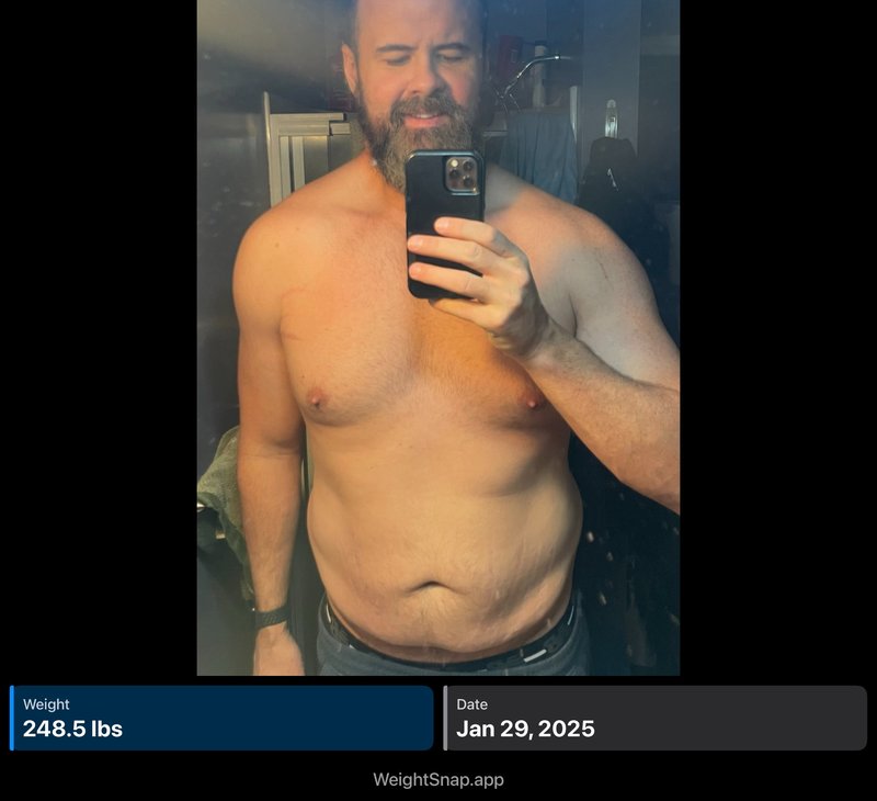 WeightSnap screenshot showing my weight at 248.5lbs on January 29 2025 — stuck at my set point